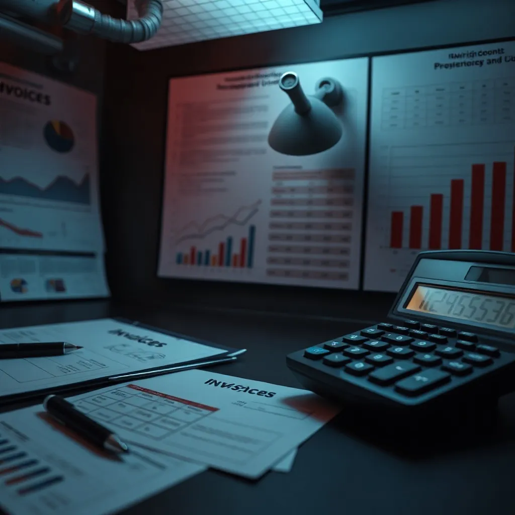 A professional high-tech workspace with charts, invoices, an